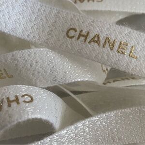 Authentic CHANEL Elegant White and Gold Ribbon